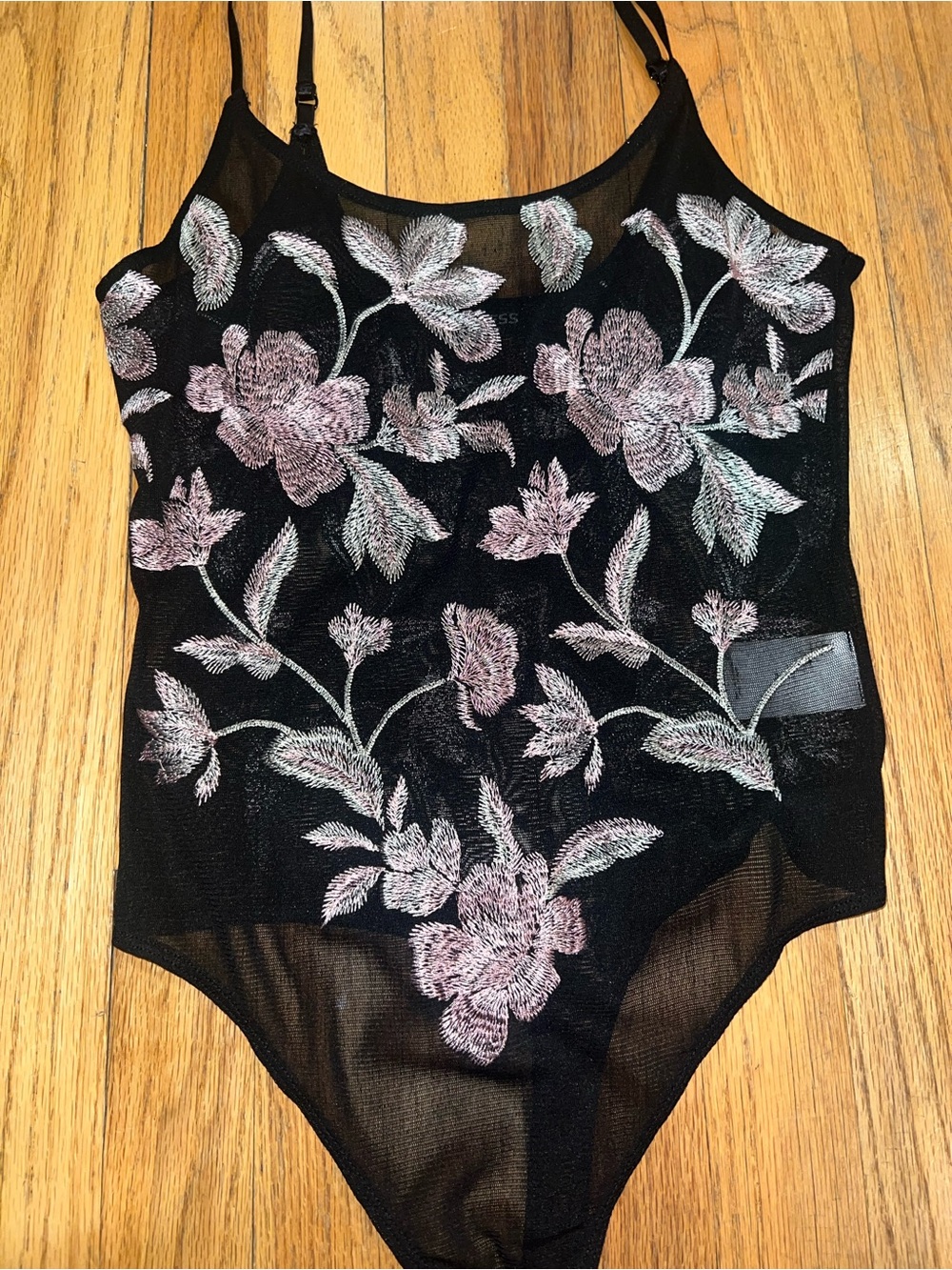 Express Black Sheer Bodysuit with Pink Floral Embroidery
